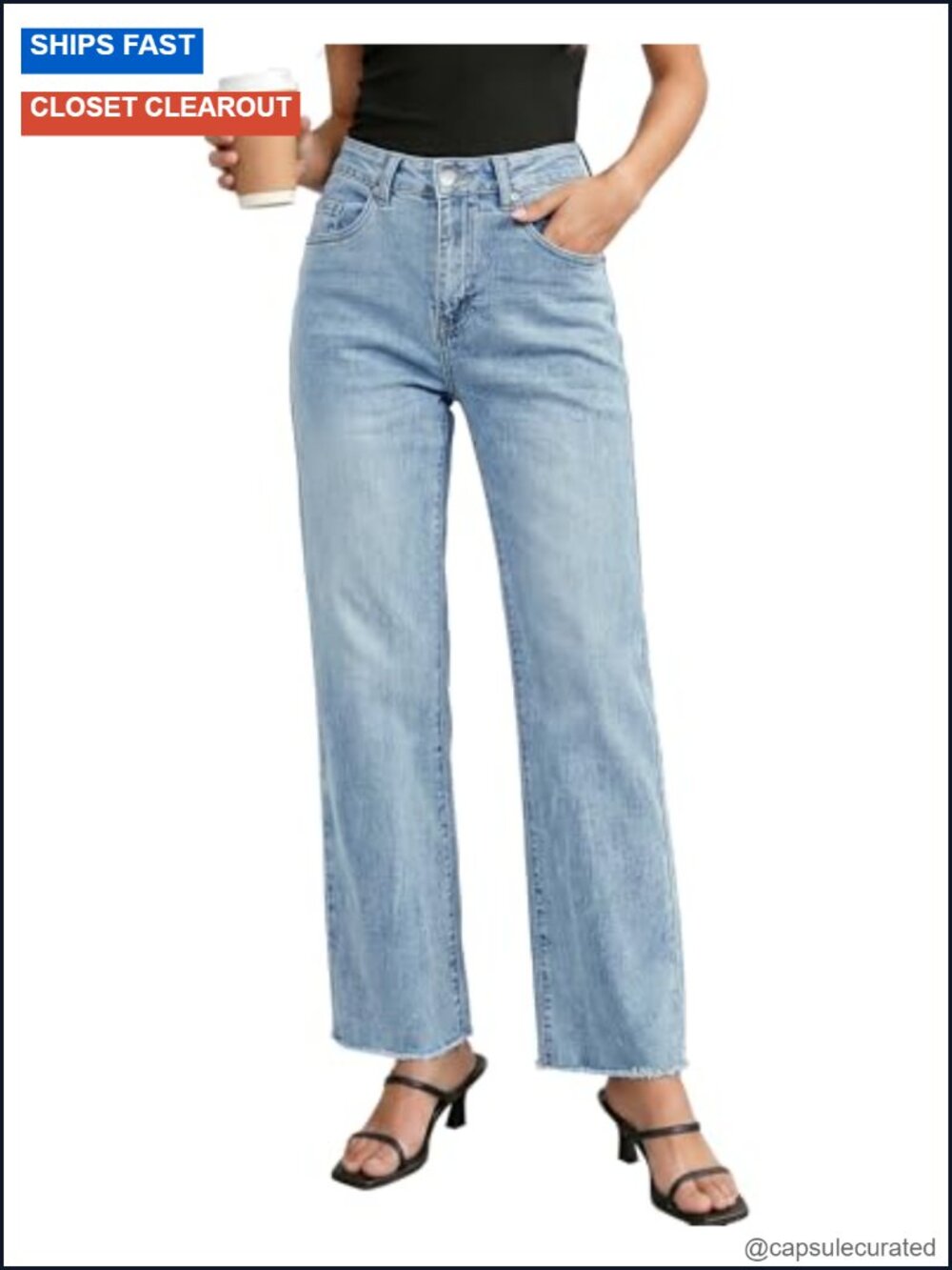 High Waisted Straight Leg Jeans Frayed Raw Hem Stretchy Denim Pants